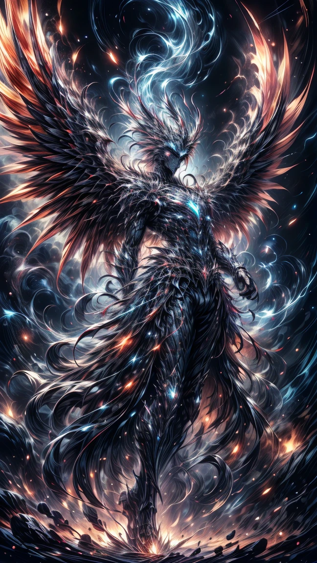 Masterpiece, best quality, high resolution, highly detailed, 1 man, perfect face, long white hair ( light in the hair), with purple eyes ( glowing eyes ), wearing a Phoenix armor, silver watch, light skinned, ceimson pheonix wings on his back( wings on fire), flame wings, surrounded by the splendors of the universe, pay attention to stunning details, and achieve a resolution of 64k, floating in a dynamic pose, high quality, with a majestic aura of authority, swirling flames.