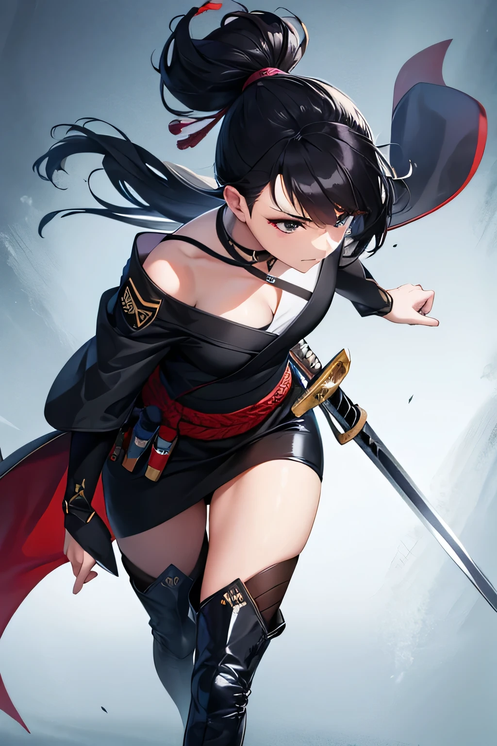 Beautiful images,Official image,One Woman,Beautiful black hair,Beautiful and detailed black eyes,ponytail,Beautiful five fingers,Ergonomically correct hand,Black Combat Officer Uniform,Black boots,stand.A Japanese sword with a beautiful blade,Holding the Japanese sword,