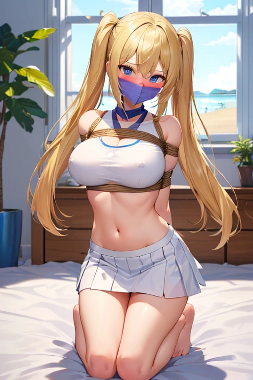 1 girls, (detailed light blue eyes, lange wimpern, detailed beautiful face:1.1), 4k quality, twintails, Haare Seiten nach oben, (Long blonde hair:1.4), (arms behind back:1.3), (big breasts:1.5), (blushing:1.4), long hair, hair between eyes, (white skirt, loose fit White crop top with a big cutout, skirt lift to See underwear, 18 years old:1.4), (bondage:1.3), erhobene Augenbrauen, pralle Brüste, OTN, White Gag, gagged, (knieend:1.5), (kneeling In a modern Apartment in a big bed, big window in the background with a beach:1.6), (one Man touching the girl:1.7)