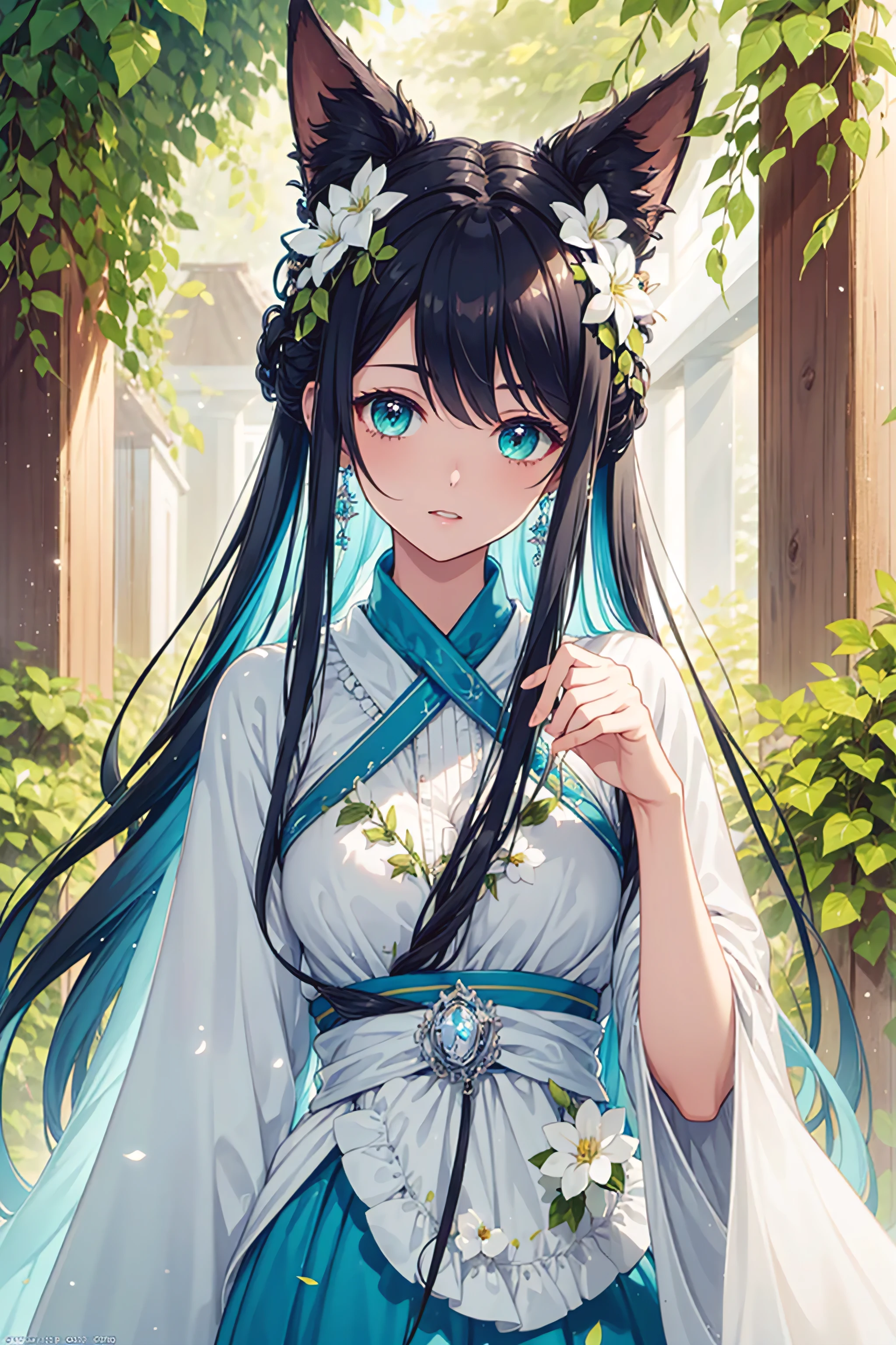 masterpiece, best quality, best quality, Astonishing, Exquisite and detailed , Spring morning，Green courtyard，Lush flowers and plants, Eye, 1 Girl, Fine details, Depth of Field, Extremely detailed CG unity 8k wallpaper, whole body, (Alice), Byrne virus, Black_hair, water, Red_Lips, Solitary, long_hair, earrings,  transparent 