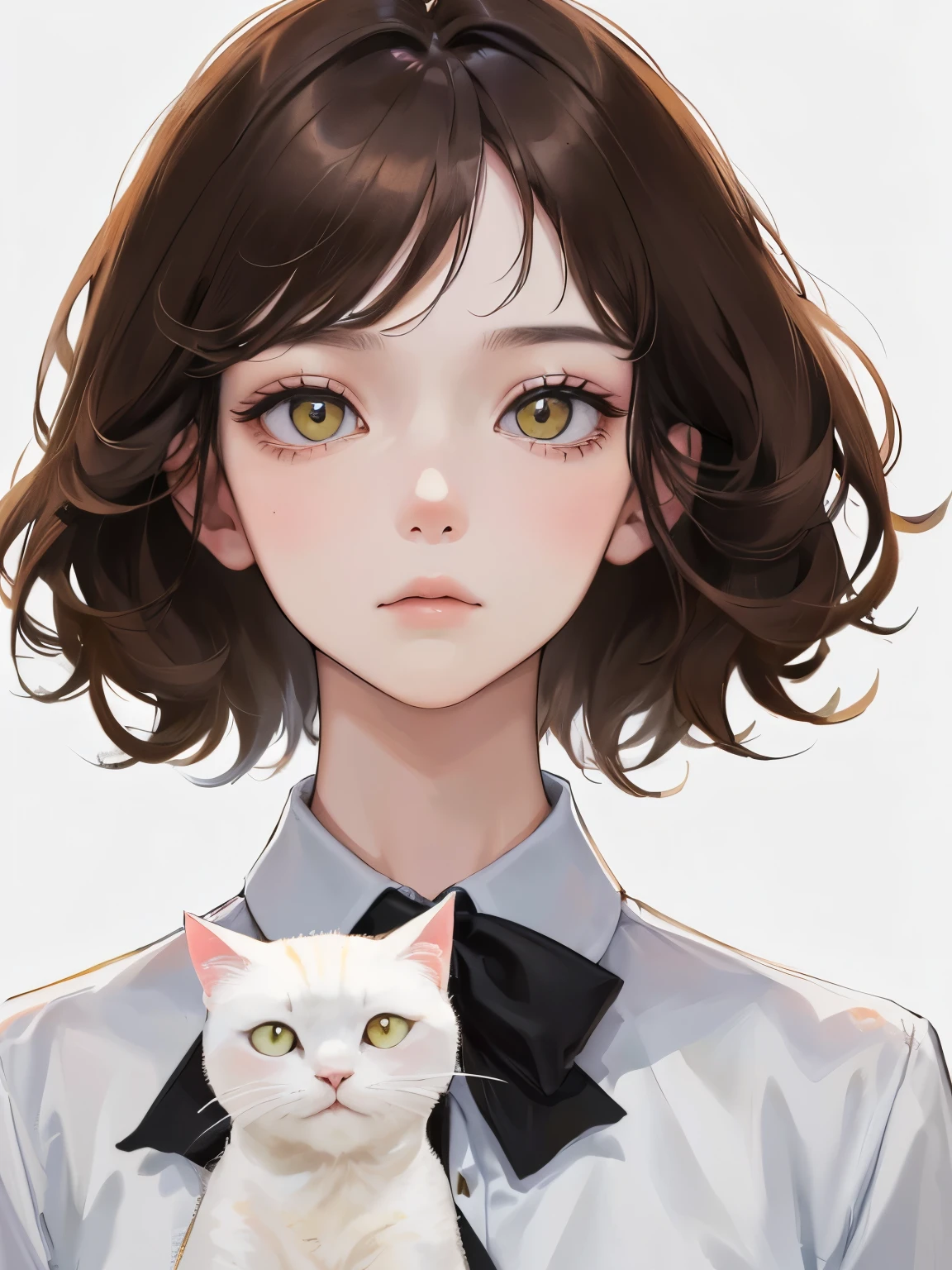 ())、(((A woman facing a white cat)))、(((Expressionless)))、((1 person)),Masterpiece,best quality, ((Backlight))),Sandals ,((White shirt))、(()),determined expression, Upper body diagram、 (Highest Resolution、Clear_image)、Best Quality、Light and shadow contrast、((Backlight))、Very detailed、Semi-realistic、Short Hair Styles、Brown Hair、bangs、19 years old、 Young lady,,young、((View from top))、Delicate Facial Features