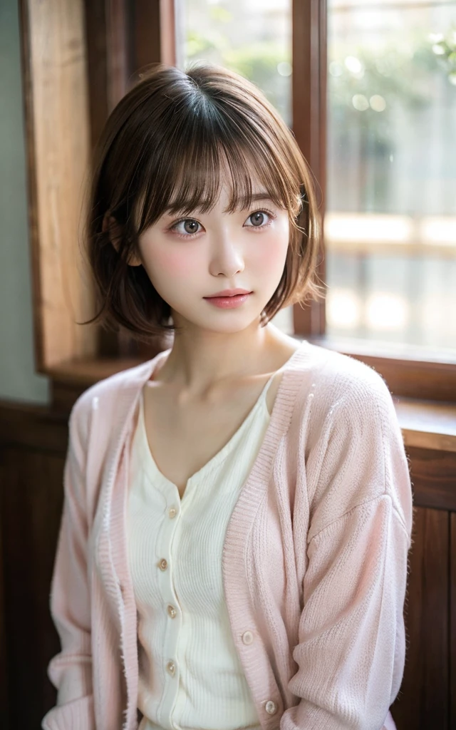Tabletop, Highest quality, 8k, 20th Generation, 大きな豊かなchest, cute, alone, sad, cute, Girlish, Delicate girl, Pure beauty,  RAW Photos, Professional photography, Portraiture, Soft Light, Professional Lighting, Backlight, Upper Body, avert your eyes, Sophisticated, Film Grain, (Eye and facial details:1.0), floating short hair, beautiful, Flowing Hair, bangs, Pink Cardigan、chest、 outside、Nipples