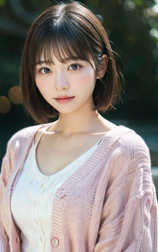Tabletop, Highest quality, 8k, 20th Generation, 大きな豊かなchest, cute, alone, sad, cute, Girlish, Delicate girl, Pure beauty, RAW Photos, Professional photography, Portraiture, Soft Light, Professional Lighting, Backlight, Upper Body, avert your eyes, Sophisticated, Film Grain, (Eye and facial details:1.0), floating short hair, beautiful, Flowing Hair, bangs, Pink Cardigan、chest、 outside、Nipples