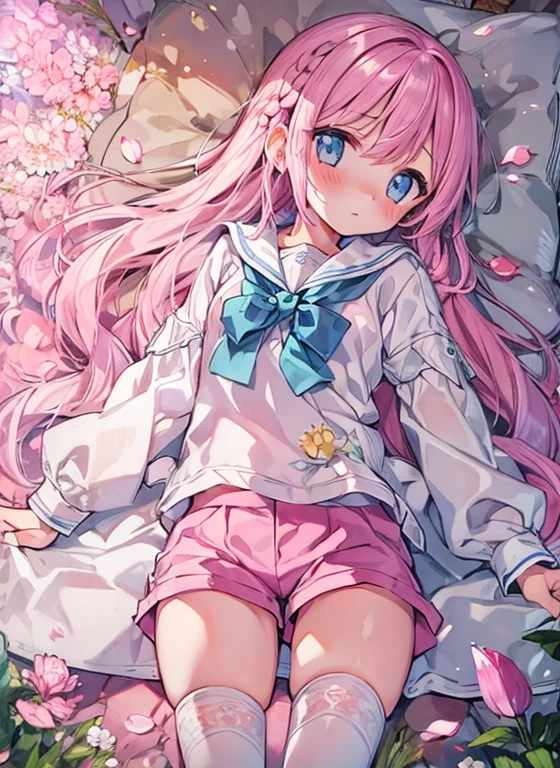 Beautiful illustrations, Highest quality, (12-year-old girl:1.4)、(pretty girl:1.5)、 girl、Flat Chest、Sailor collar、(White long tunic:1.4)、Long sleeve sailor suit、Blue-line cuffs、(Pink Chino Shorts:1.7)、(Pink shorts with wide openings:1.6)、Gap between thigh and shorts、Thin thighs、White socks、 Cinema Lighting, (Pink long hair)、Pink Straight Hair、Redness on the cheeks、(Braiding of the back of the head)