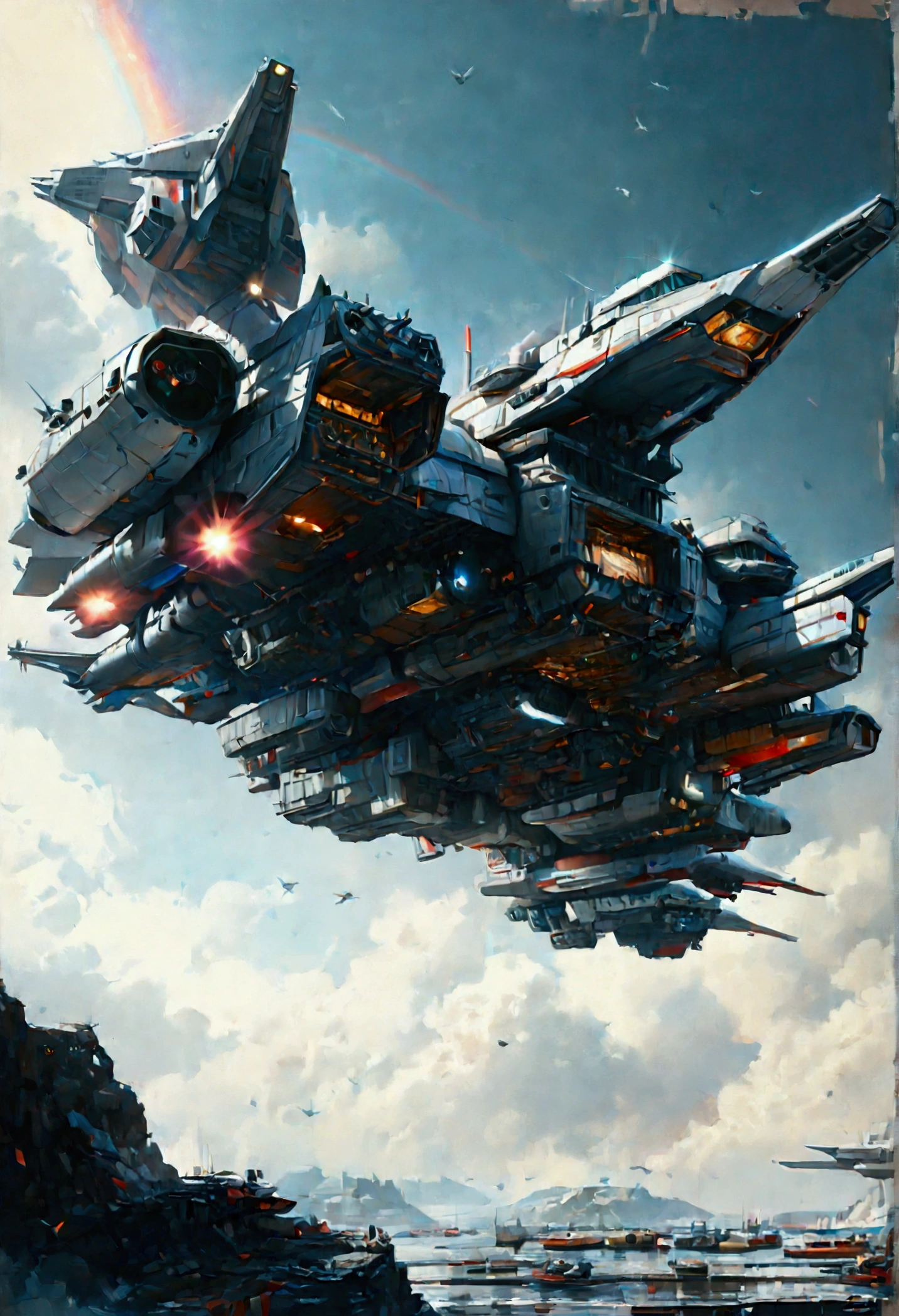 (Best quality,4K,8K,A high resolution,Masterpiece:1.2),Ultra-detailed,(Realistic,Photorealistic,photo-realistic:1.37),A full image of a long wide giant heavily armored luxurious futuristic flying fleet carrier from elite dangerous, covered in rainbow batik pattern and glowing javanese runic symbols, multiple thrusters, multiple helipad, mobile headquarters, mobile command center, automatic turrets, missile banks, missile defense system, multi-port rear engine arrays, large pivoted missile pods, anti-air batteries, reactive armour over vital spaces, VTOL thrusters, ventral ground-facing VTOL thruster bays, retractable center cannon, white background