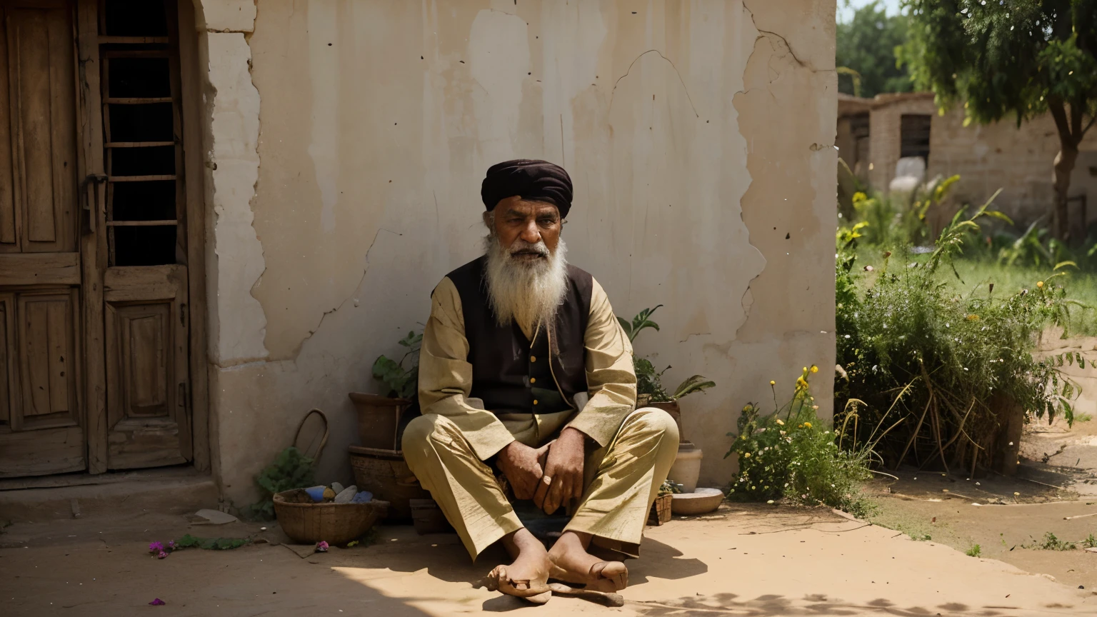 A portrait of a wise Pakistani old man sitting in a traditional village environment, wearing a colorful shalwar kameez and a turban, surrounded by lush green fields and mud-brick houses. The scene captures the warmth of the village life, with children playing nearby and an array of vibrant flowers in the foreground, evoking a sense of nostalgia and community."