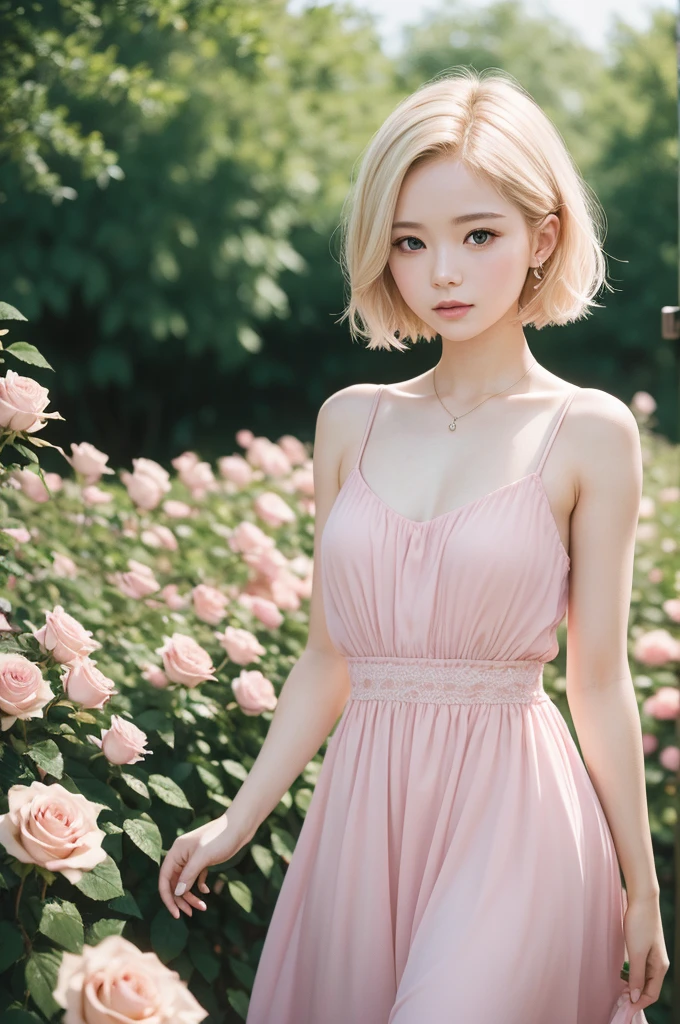 8k, CRU photo, Fujifilm, style photo of a beautiful woman like Avril in a light pink rose garden (highly detailed skin: 1.2) Style-Petal BREAK short hair, blonde hair with colored highlights, wearing a dress, film grain, 35mm, cute style
