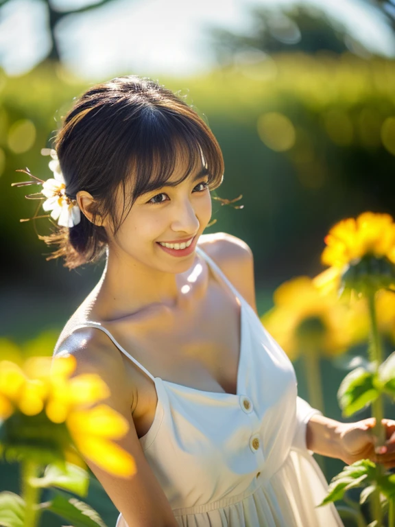 (masterpiece, best quality), outstanding details, ultra-high resolution,
anatomically correct, wide shot, atmospheric perspective,
1 Japanese woman, 30 years old, cute face,
cowboy shot, (Walking pose), (holding a sunflower, reaching out),
(Plump:1.3, small breasts),
Happy smile, Mouth slightly open, looking at viewer, animated expression,
round face, tareme, Downturned Eyes, pupils sparkling, small nose, thin lips, thin eyebrows,
brown hair, low ponytail, short hair, swept bangs,
(wearing white elegance Slip Dress, The material of the dress is thin, transparent, and smooth),
(background: Serene riverside with blossoming wildflowers at the forest)
depth of field, backlighting, cinematic lighting, Reflected light from below, reflection light, dreamy atmosphere,
