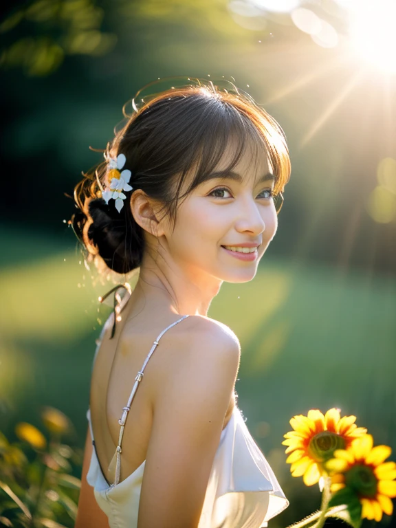 (masterpiece, best quality), outstanding details, ultra-high resolution,
anatomically correct, wide shot, atmospheric perspective,
1 Japanese woman, 30 years old, cute face,
cowboy shot, (Walking pose), (holding a sunflower, reaching out),
(Plump:1.3, small breasts),
Happy smile, Mouth slightly open, looking at viewer, animated expression,
round face, tareme, Downturned Eyes, pupils sparkling, small nose, thin lips, thin eyebrows,
brown hair, low ponytail, short hair, swept bangs,
(wearing white elegance Slip Dress, The material of the dress is thin, transparent, and smooth),
(background: Serene riverside with blossoming wildflowers at the forest)
depth of field, backlighting, cinematic lighting, Reflected light from below, reflection light, dreamy atmosphere,
