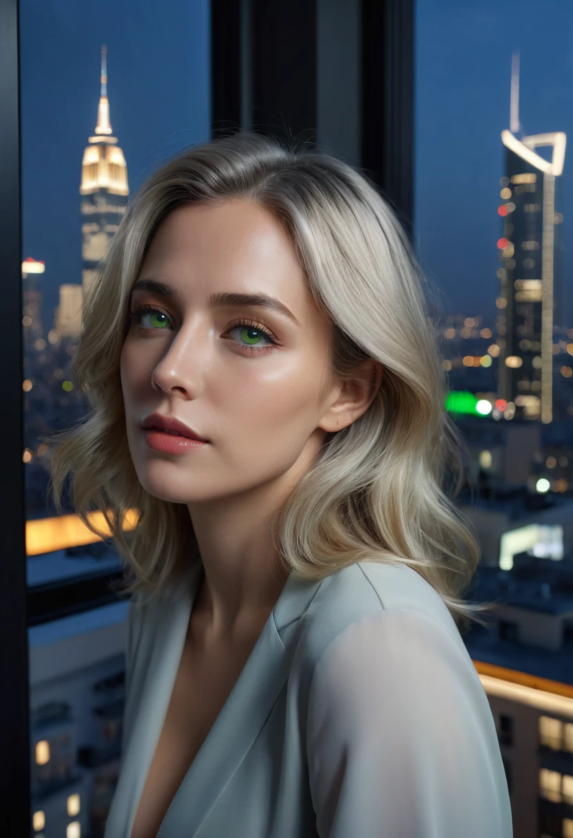 (best quality,4k,8k,highres,masterpiece:1.2),ultra-detailed,(Ultra-realistic, photorealistic,photo-realistic:1.37),a beautiful blondy woman in a high-rise apartment, looking out the window at the night city skyline, her darck green eyes and bright gray hair framed by the city lights, a serene expression on her detailed, expressive face, dramatic lighting, (best quality,4k,8k,highres,masterpiece:1.2),ultra-detailed,(realistic,photorealistic,photo-realistic:1.37),portrait,cityscape,interior,window,city lights,highlights,dramatic lighting,cinematic