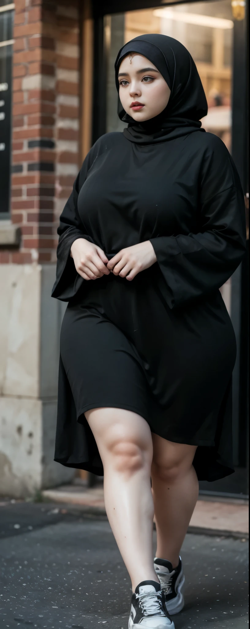 Milky white skin woman in black dress and hijab walking down the street, , hijab outfit, , hijab fashion model, plus size, plus size woman, , woman in black robes, beautiful woman, thicc, black outfit,, bbwchan , white sneakers , Height 170 cm, beautiful woman, with a beautiful appearance, a very beautiful masterpiece, a masterpiece of art, good lighting, Bright colors, Clean lines, .