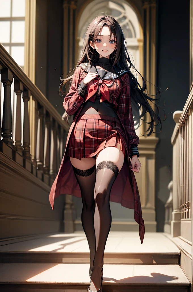 (Biologically correct limb count),Full body, including face,4K,Focus on the masterpiece face,Well-proportioned facial features,Delicate descriptive eyes,One beautiful woman,(Black Sailor Suit,red plaid skirt,Black Stockings),(smile),Looking down,Photos with white borders,Look away from the camera,National Library,walking,Walking down the stairs,Two Girls
