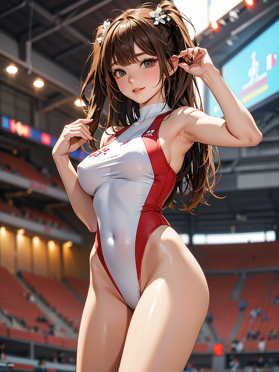 ((masterpiece, Highest quality, High resolution, Highly detailed CG integrated 8K wallpaper)), (Huge and stunning goddess shot, Very hot and sexy, Incredible beauty, Perfect Proportions, Beautiful body, Slim body beauty:1.3), Olympic Stadium, Female athletes are performing gymnastics in the Olympic gymnasium, Bare arms, Lift your leg up with one hand, Wearing an intricate red and white leotard, A large crowd of people watching her from the stands々.