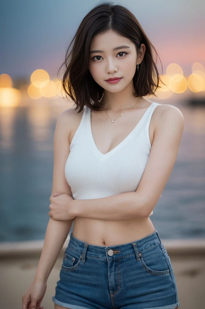 (Highest quality、High resolution、masterpiece:1.3)、Tall and pretty woman、Big ample breasts、Dark brown hair,Scattered wavy、Medium Breast、Wear a pendant、abdomen、Short pants、(Background coast)、Exquisite expression of facial and skin texture details、Detailed eyes、double eyelid、A light smile、Upper Body、Short fine hair、Starry Sky、Put your arms behind your head、Saggy eyes、
