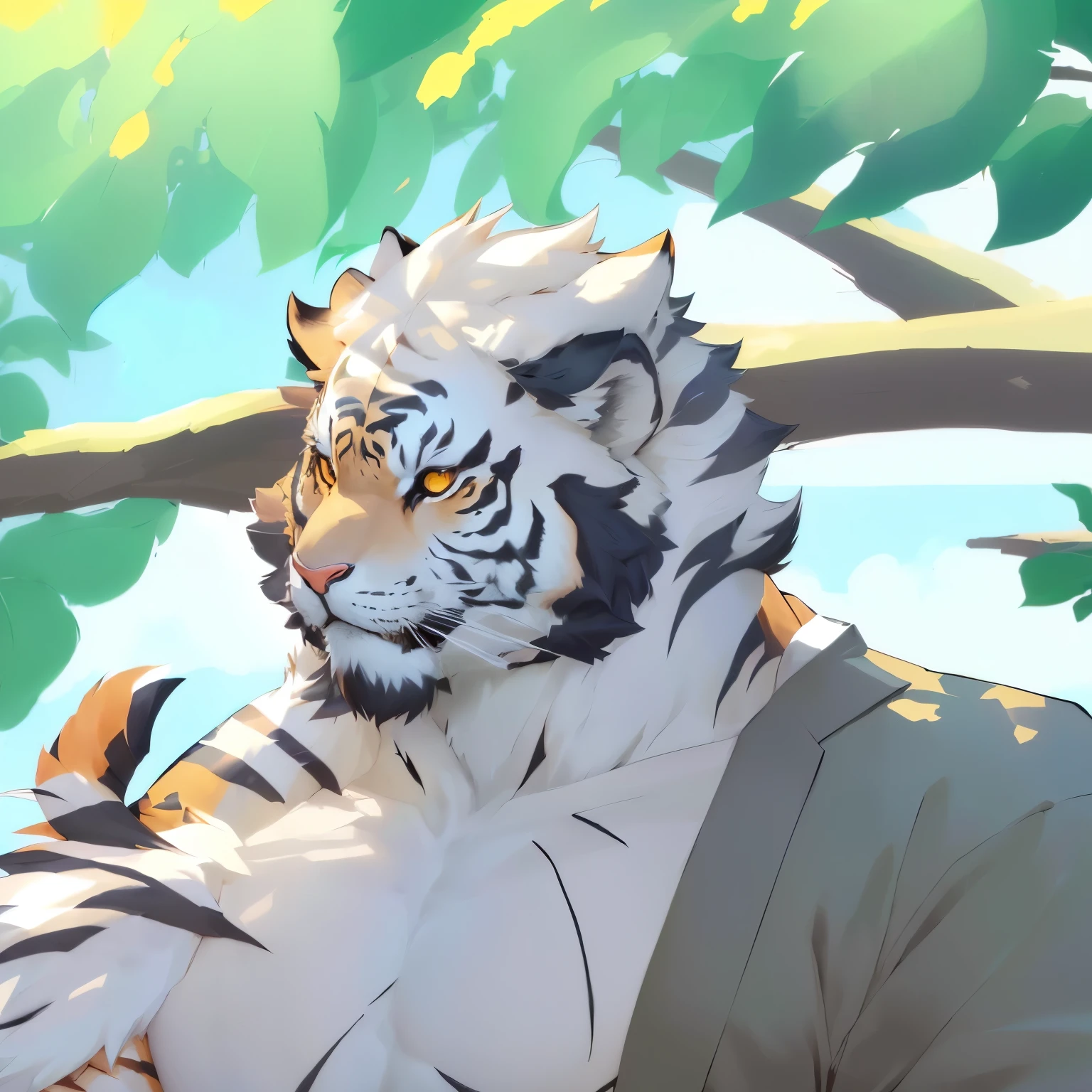 anime character with a bird perched on his shoulder, anthro portrait, commission for high res, furry character portrait, detailed fanart, anthropomorphic tiger, anthro art, handsome guy in demon slayer art, ((tiger)), anthro paw pov art, looking smug, high quality fanart, very very beautiful furry art, low detailed. digital painting, celshaded art