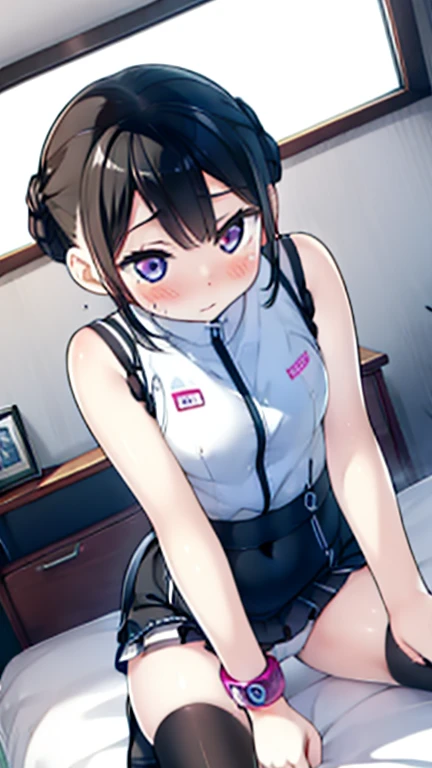 (Highest quality), (masterpiece), 1080P, High resolution, 4K, 8k, Thigh straps, Shooting from directly below, The woman on top of me, Nipples, 白いSweat, Covered , Sweat, Woman looking down, Micro Bikini, Skirt swimsuit, Thigh-high socks, To achieve this, , Small breasts, whole body, Black leather shoes, Braided hair, Inner Color, Embarrassed face, Short black hair, bracelet, Bedroom,celestial body_Vest