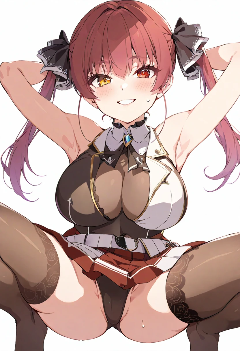 (muste piece), (best quality), (score_9, score_8_up, score_7_up), very detailed eyes, expressive eyes, perfect face, very detailed face, highly detailed face, beautiful girl, 8K, beautiful girl, white background, delicate and beautiful face and eyes, dark intense shadow,
1 girl, vtuber style, cool girl, hololive, vtuber, Houshou Marine, marine_pirate, twintails, hair ribbon, red jacket, cropped jacket, sleeveless jacket, red skirt, belt, leotard under clothes, black leotard, black thighhighs, red eyes, yellow eyes, big chest, arms up, armpit, bare arms, two hand behind head, smile, body visible through clothes, chest visible through clothes, ass visible through thighs, (full body), squatting, sweating, open legs wide, from below, pov crotch,