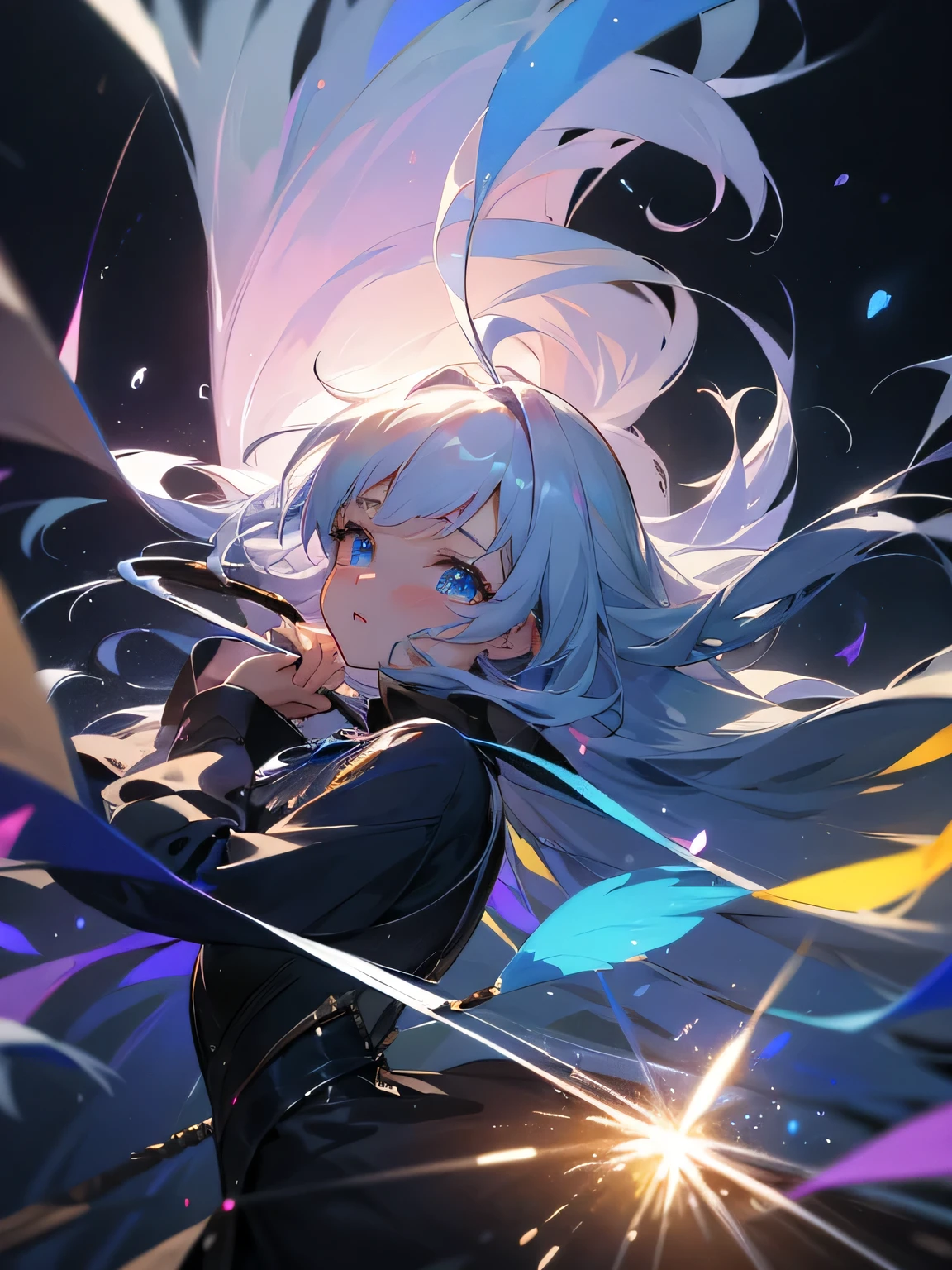 kawaii, anime, Cute, hyper quality, highly detailed, 8k, Clarity, Draw facial expressions in detail, long silver hair woman, mysterious, Beautifully depict the eyes, highlight on eyes, shed tears, clarify shadows, Feathers dance, full of light, Rainbow colored light in your eyes, Make the background stand out, draw the whole body, light pours from heaven, make light and darkness clear, european style, Clarify the contrast between light and shadow, Make the contrast of color saturation clear, starry sky, strengthen contrast, turning around, Improve the depiction of eyes, pull point, Draw water droplets realistically, fireworks on the background, Soap bubble, iris, Uplifting, eye color is blue, 	