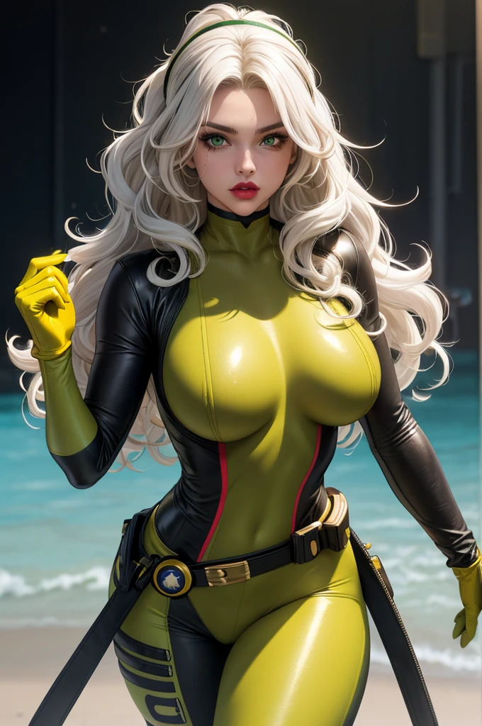 good anatomy, masterpiece, best quality, bokeh, depth of field, highres, high quality, 1girl,
CARTOON_X_MENs_Rogue,ownwaifu,
long hair,breasts,brown hair,green eyes,lipstick,makeup,lips,white hair,two-tone hair,headband,wavy hair,large breasts,messy hair,curly hair,big_hair,
yellow bodysuit,jacket,gloves,belt,yellow gloves,green bodysuit,bodysuit,multicolored bodysuit,superhero, skin tight,multicolored clothes,