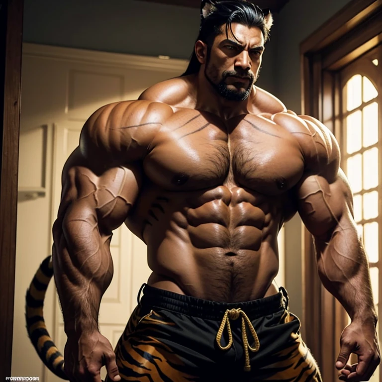 a tiger man, massively muscular, with massively large muscles