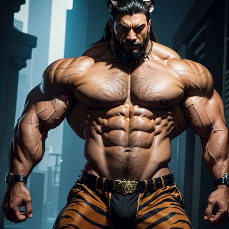 a tiger man, massively muscular, with massively large muscles