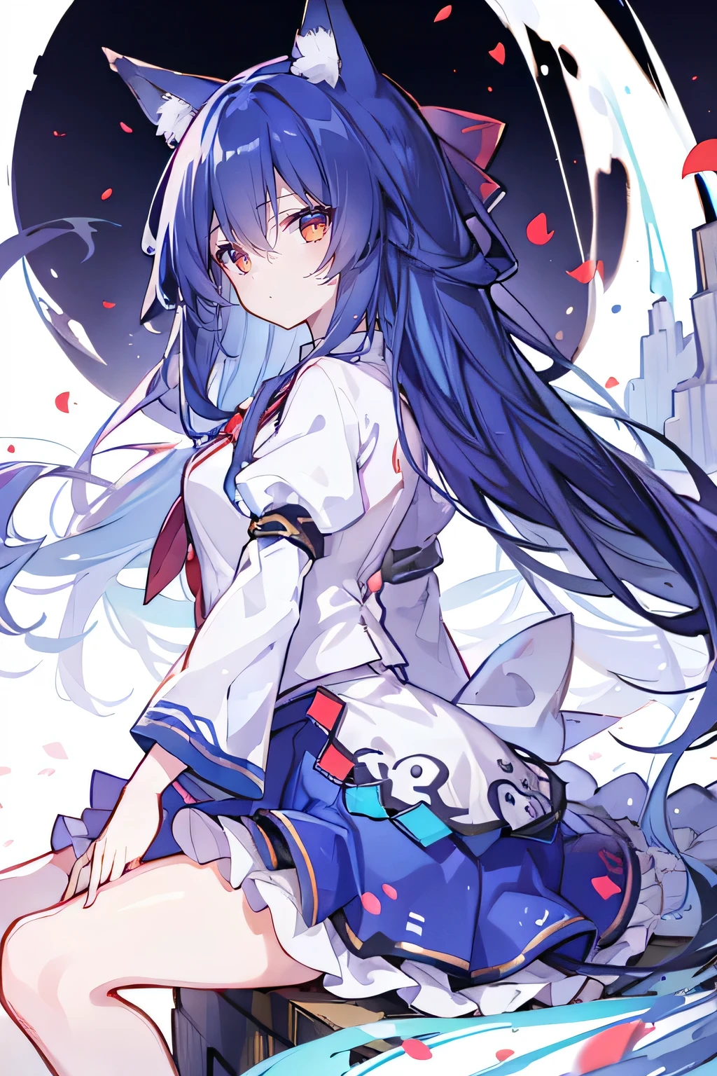 （masterpiece：1.2），Super detailed，lifelike，Expressive eyes，fair skin，perfect face shape，1 girl，
Japanese comics,Gorgeous blue hair,flowing blue hair,flowing clothes,Cat ears,Petals fall,beautiful lola,Baby Angel,
Shaking head with one hand，Cross your legs，，The pavilion is cool and comfortable,smile,back views,sunrise,Petals fall,Long sleeve，skirt，Red Eye，solo，Japanese clothes，Sky，Fox ears，Fox Tail，Fox Girl，