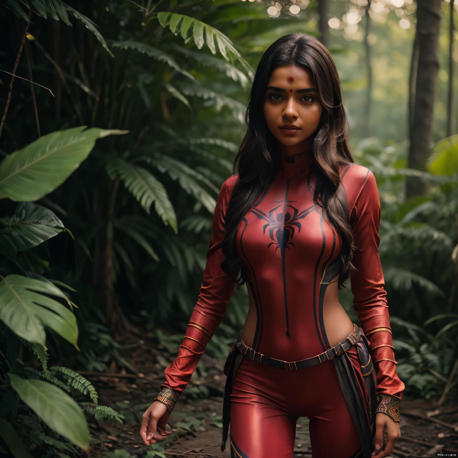 beautiful photo of indian girl, wearing a spideman costume, A stunning intricate full color photo of (sks woman:1), epic character composition, by ilya kuvshinov, alessio albi, nina masic, sharp focus, natural lighting, subsurface scattering, f2, 35mm, film grain,