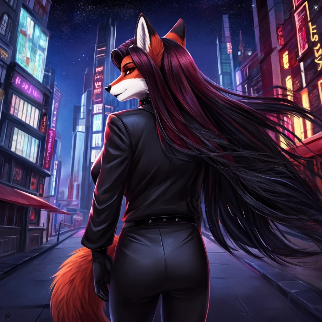 Draw a furry girl, a red fox with red eyes, with black long hair, with burgundy lipstick, with a black choker around his neck, in a classic black jacket with a black top, turning back, stands with a seductive look against the backdrop of the night city 