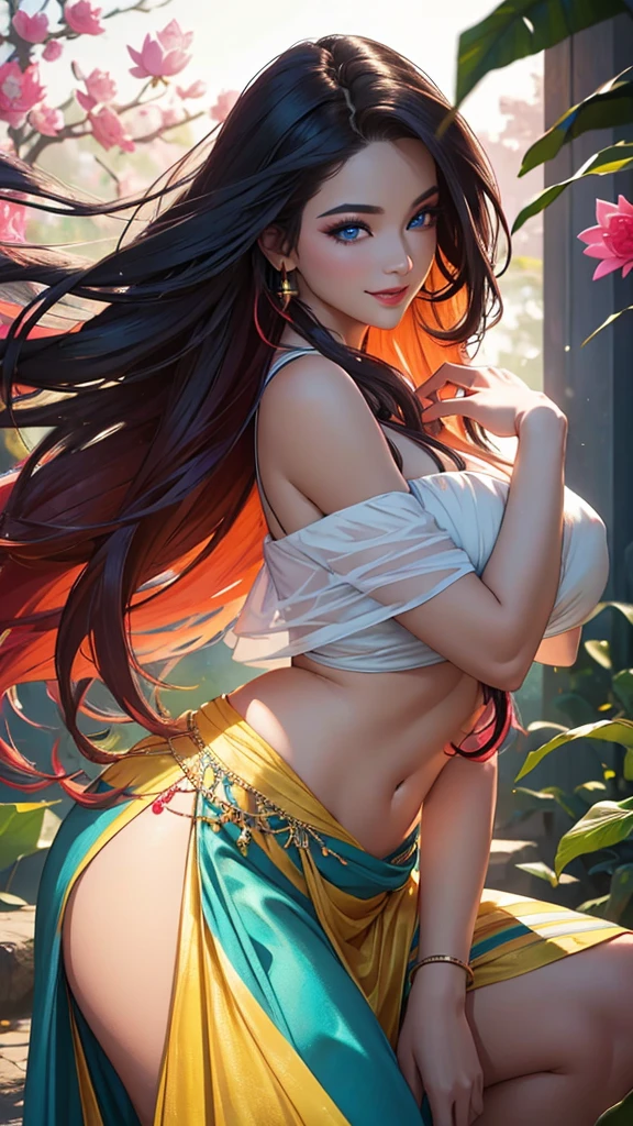 (best quality,ultra-detailed,photo-realistic:1.37),bright and vibrant colors,studio lighting,playful expression,stylish makeup, lotus, long hair flowing in the wind,alluring eyes,glossy lips,sexy pose, smiling in a confident and seductive way,posing for a professional photoshoot,shallow depth of field,highlighting the main subject,soft natural lighting,creating a dreamy and magical atmosphere.