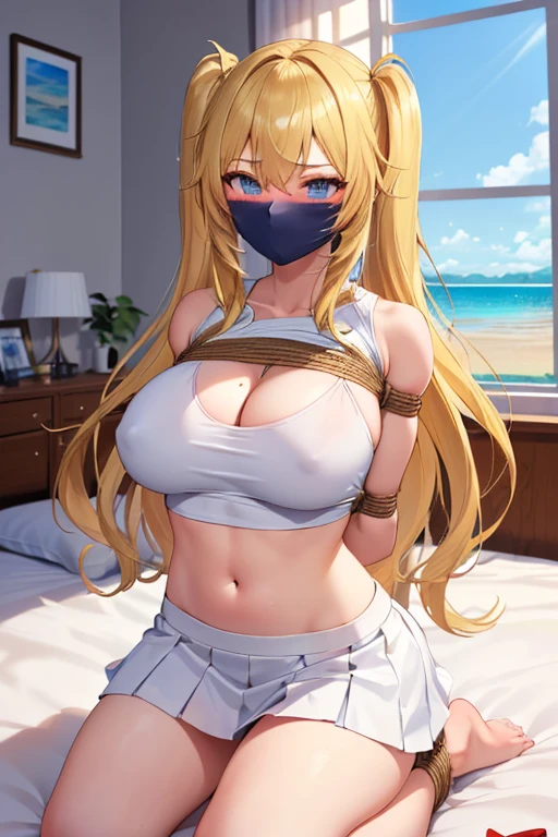 1 girls, (detailed light blue eyes, lange wimpern, detailed beautiful face:1.1), 4k quality, twintails, Haare Seiten nach oben, (Long blonde hair:1.4), (arms behind back:1.3), (big breasts:1.5), (blushing:1.5), long hair, hair between eyes, (white skirt, loose fit White crop top with a big cutout, skirt gets lifted Up, 18 years old:1.4), (bondage:1.3), erhobene Augenbrauen, pralle Brüste, OTN, White Gag, gagged, (knieend:1.5), (kneeling In a modern Apartment in a big bed, big window in the background with a beach:1.6), ängstlicher Gesichtsausdruck 