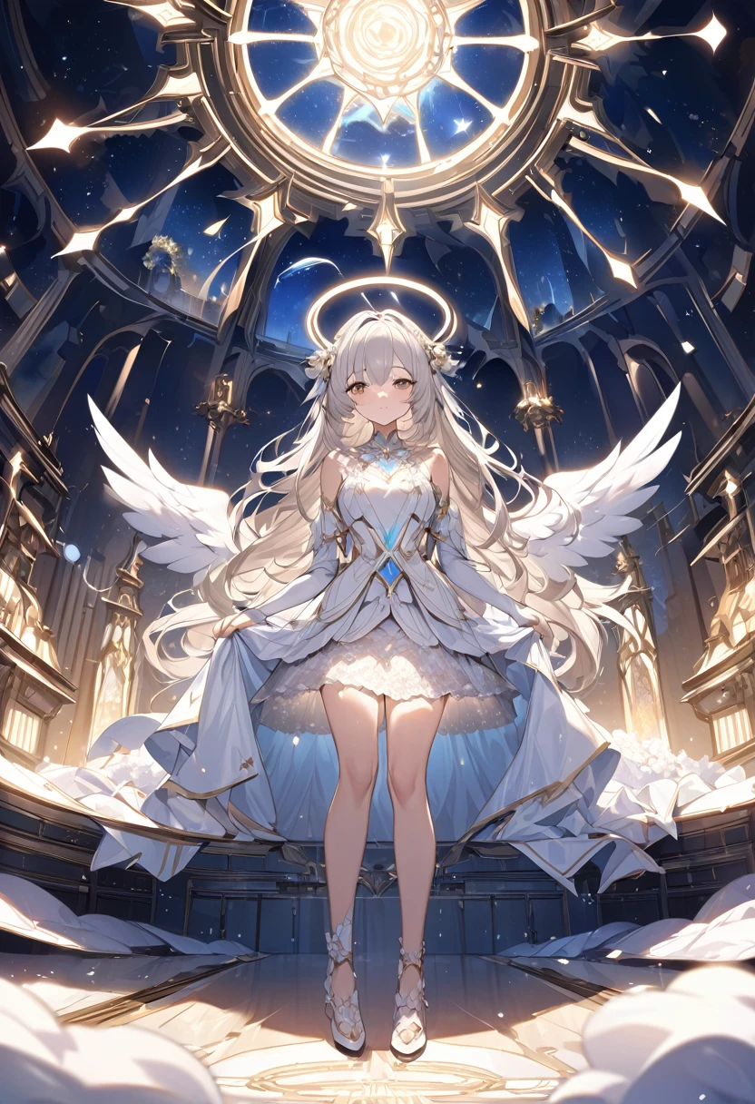 Attention to detail, Super Detail, Ultra-high resolution, An angel having a good time in the sanctuary of dreams, The girl is wearing state-of-the-art technology,The white light that shines on her, The background is a sacred area,The sky is a mixture of day and night,Delicate face, Add a fantastical atmosphere