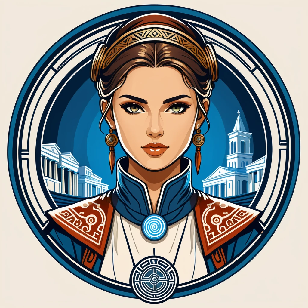 female	netrunner	in greek folk outfit	,vector graphics, strong contours, logo design																						