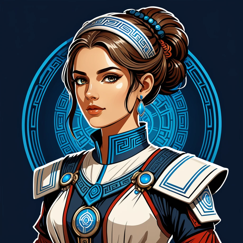 female netrunner in greek folk outfit ,vector graphics, strong contours, logo design