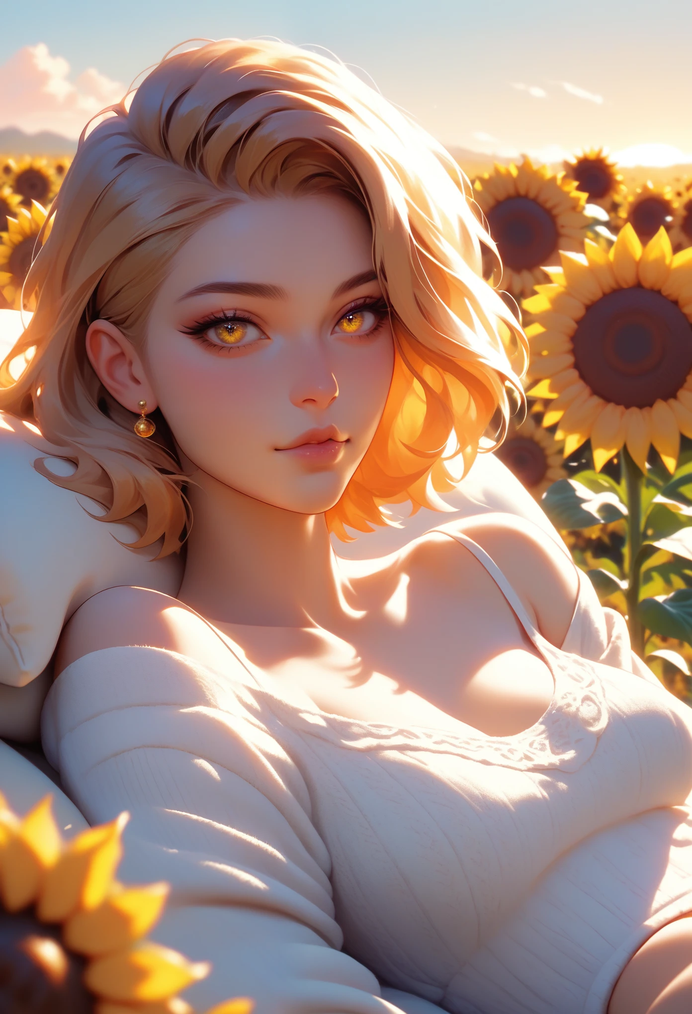 Art prints of black and，A cold woman and cat，With vibrant eyes，Lounging on a sunflower field under a golden sunset，Creates a combination of warm tones and organic textures，Imaginative printmaking style