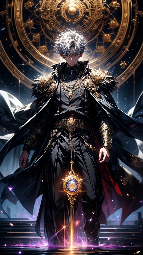 Masterpiece, best quality, high resolution, highly detailed, 1 young boy ( teenager ), young handsome face, white hair ( light in the hair), purple eyes ( glowing eyes ), cold expression ( cold look ), wearing a black hoodie, and black pants, black watch, surrounded by the splendors of the universe, pay attention to stunning details, and achieve a resolution of k, floating in a dynamic pose, high quality, with a majestic aura of authority. Big golden medival clock on his back a clock made out of magic