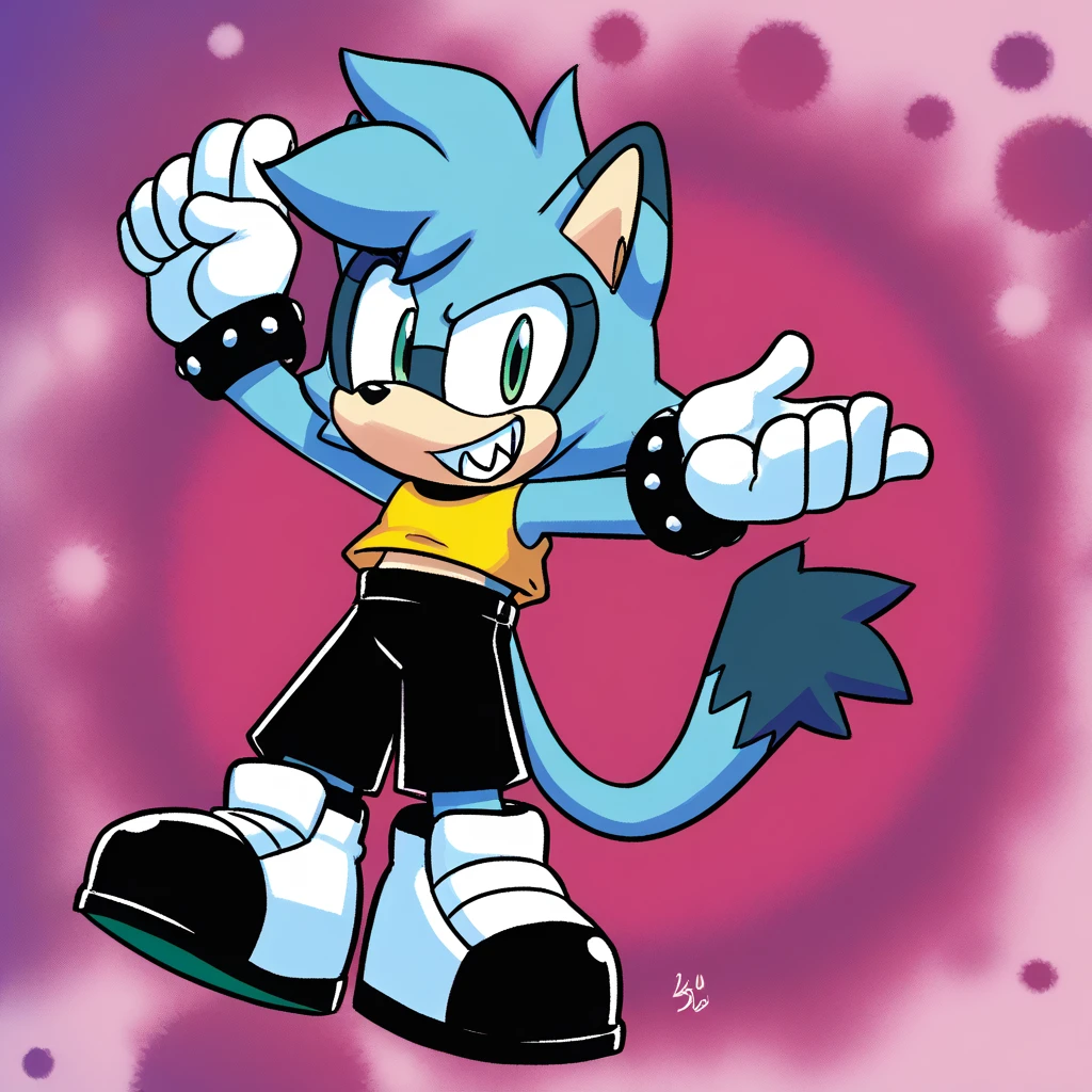 Custom avatar, Glitchy the Cat character, wearing black shorts, in the cyberspace￼, abstract, backround, doing a dyamic pose, someone holding his leg, 