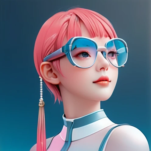 3D illustration of upper body and face of artificial intelligence model wearing futuristic glasses, Stylish glasses with tassels,Gradient background, Pastel color palette, pink blue, Simplicity, cold metallic textures, Surrealism,