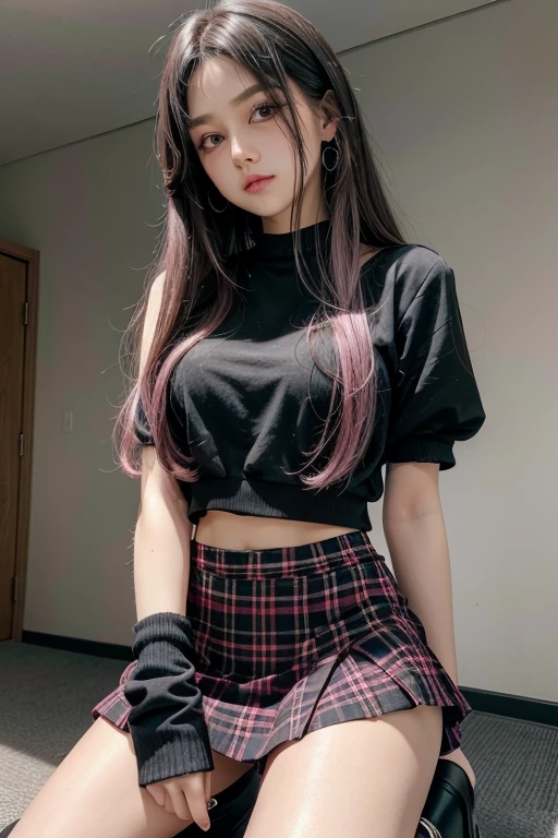 long hair girl, black color with pink tips, pink eyes fiusha wears a black navel blouse and a black and pink plaid skirt fiusha with black socks and platform shoes