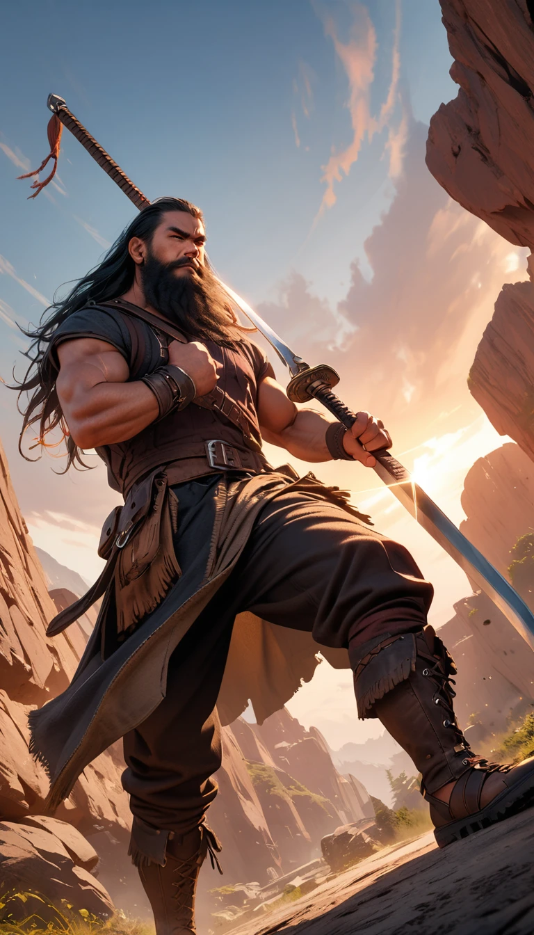 analog style, high resolution, (((masterpiece))), (full body shot:1.3), (low angle shot:1.5), swordsman, fantasy, barbarian, action pose, very detailed, long hair, long beard, holding long two-handed sword, Award-winning poster, (((photorealistic)))