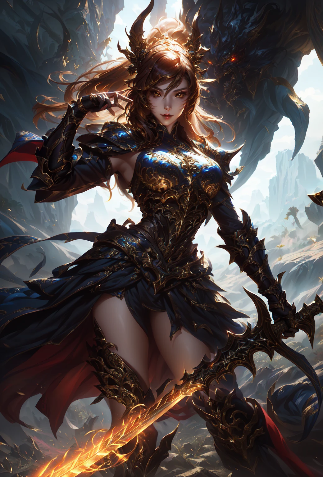 Close-up of a woman holding a sword and golden armor, author：Yang J, Epic and beautiful character art, Stunning character art, Pan Chengwei on artstation, Dark fantasy art, Epic fantasy digital art style, Epic fantasy HD art, Kushat Krenz Key Art Women, 4k fantasy art, Epic fantasy art