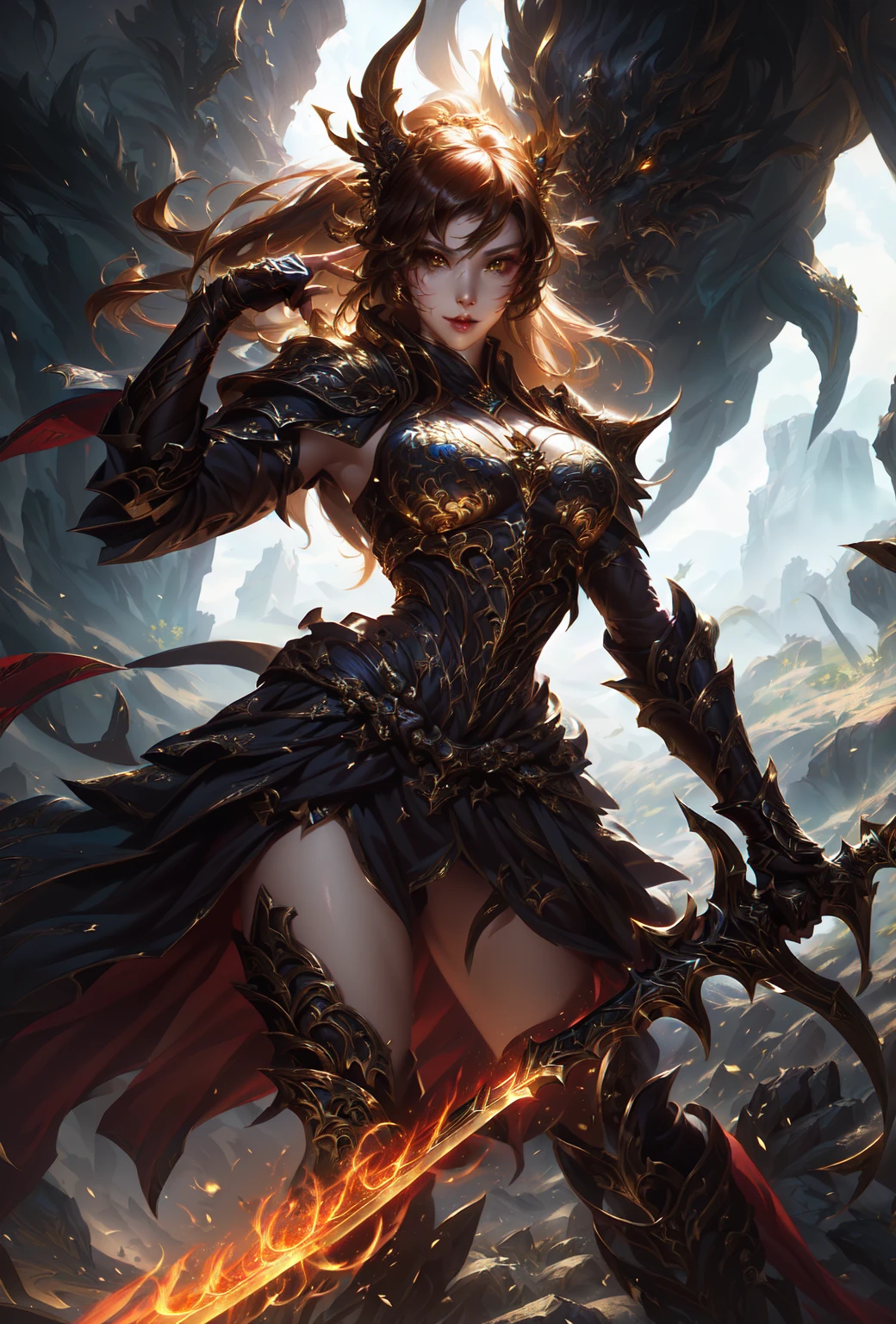 Close-up of a woman holding a sword and golden armor, author:Yang J, Epic and beautiful character art, Stunning character art, Pan Chengwei on artstation, Dark fantasy art, Epic fantasy digital art style, Epic fantasy HD art, Kushat Krenz Key Art Women, 4k fantasy art, Epic fantasy art