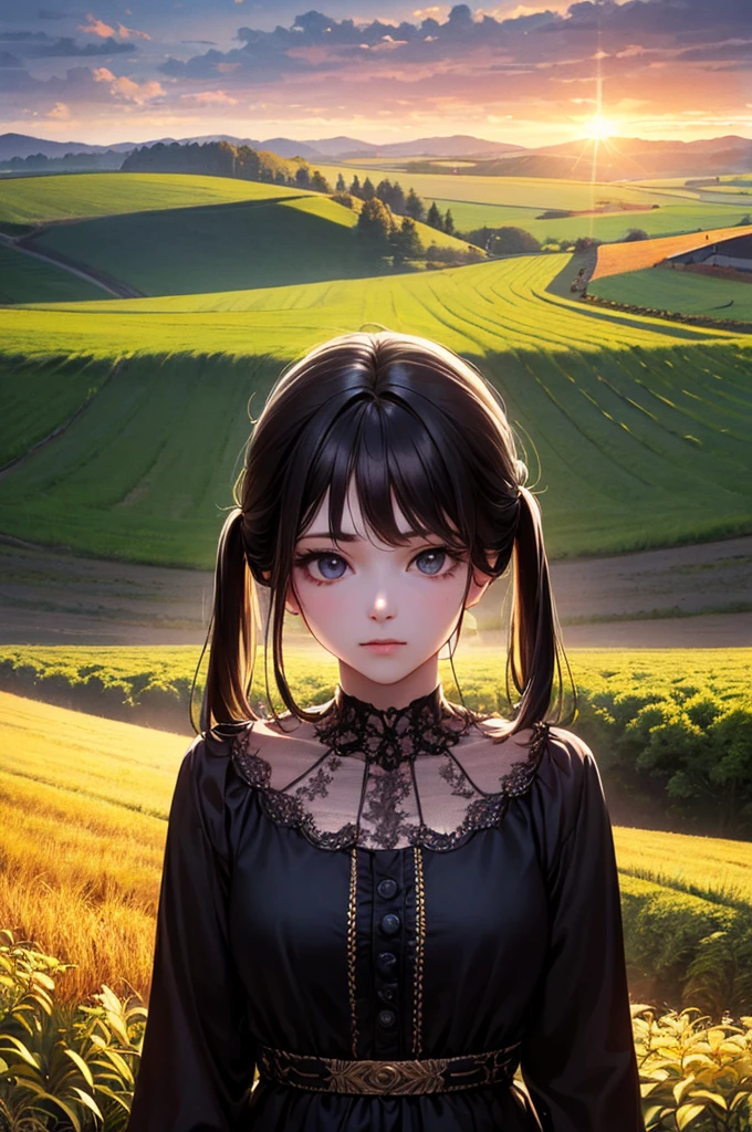 (Reality: 1.3), Are you okay, quality, Rembrandt Lighting, (masterpiece: 1.2), (Reality: 1.2), (Best quality), (Skin Details: 1.3), (Intricate details), dramatic, Idyllic, Ray Tracing, One girl,Long black hair, 24-years-old, Modern clothing (Pasture, sun, cloud, fields, farm, Starlight, Trail)