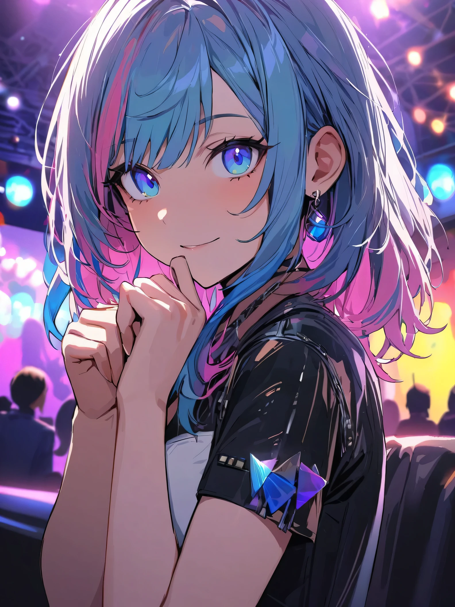 (masterpiece), (((best quality)), (Super detailed), 1 girl, (iridescent hair, colorful hair, half blue half pink hair: 1.2), , (yukexista: 1.2), outdoor, Bangs, Smile, sky blue eyes, perfect hands, perfect hands, Hand details, Correct fingers. earrings, Nightclub + background, watching_exist_audience, Cowboy shooting, top quality, Rich details, Perfect image quality,