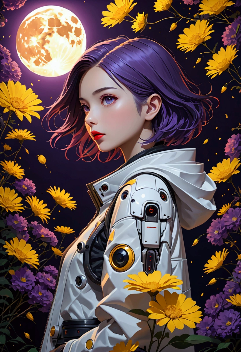 masterpiece, best quality, (非常详细的 CG 统一 8k 壁Paper) (best quality), (Best Illustration), (最佳shadow), beautiful girl, Facing the camera, Small Breasts, Wearing a rugged jacket, Robotic Arm, (Glowing skin),Red lips, Open your mouth, Cyberpunk Background, Extremely exquisite and beautiful, (Floating purple hair), shadow, Relief, Stereogram, Atmospheric perspective, 8K, Super Detail,A moon, Yellow flowers , Paper_cut, , (Mysterious atmosphere), flash:0.8, Light rising from the bottom, A bunch of glowing white particles floating, Many small fires floating,