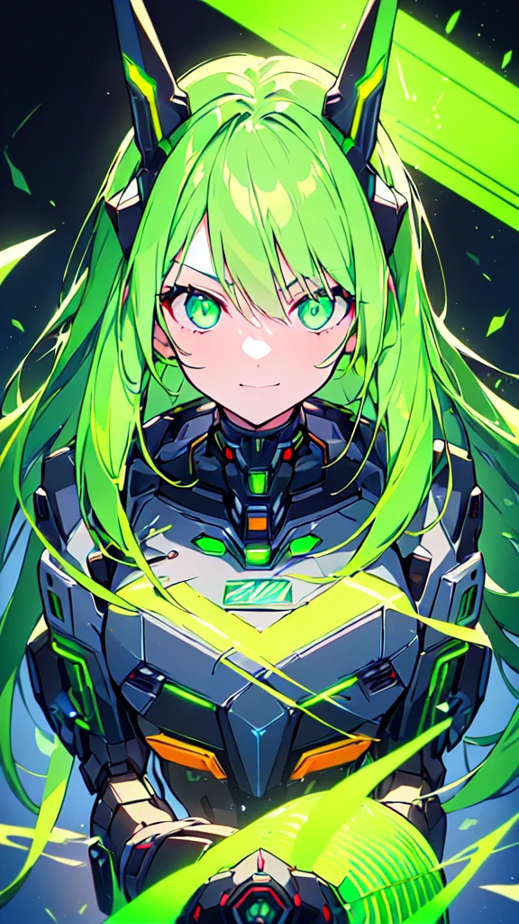 (((masterpiece))), (upper body), 1girl, solo, Green hair, long hair, Green eyes, (slant eyes), science fiction, ((Solo)), (mecha musume:1.5), mechanical parts, headgear, doragon mechanical tails, ((mechanical Black dragon Armor)), Evil smile face, (((neon light green))), Anime style