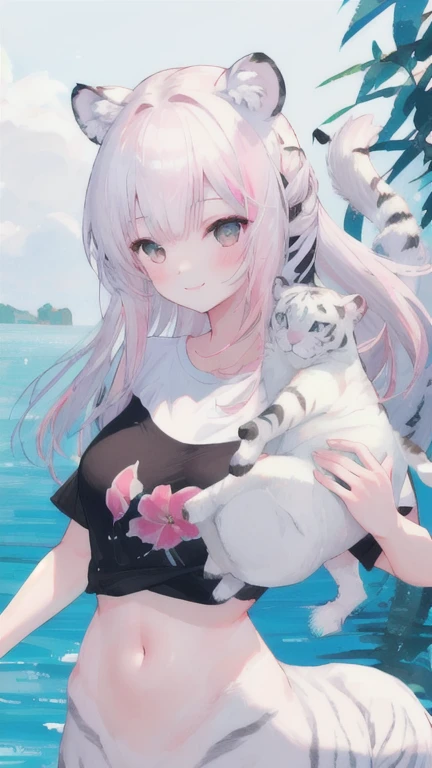 (best quality, masterpiece), 1 girl, centaur, It takes, White skin, korean ,daughter, black pink , Smiling Abdomen Exposure, belly button t-shirt , 아름다운 소녀 perfect white tiger photo, perfect white tiger photo