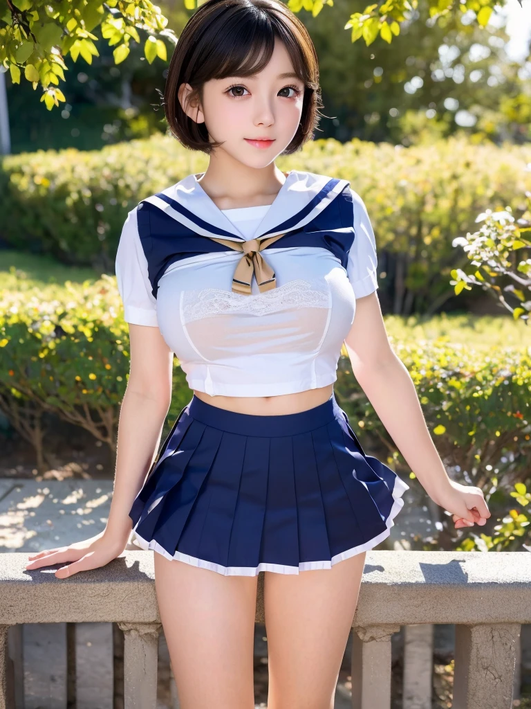 NSFW, (masterpiece:1.3), (8k, Realistic, RAW Photos, Best image quality: 1.4), Japanese, (1 girl), Beautiful Face, (Lively Faces), Beautiful hairstyle, Realistic eyes, Beautiful Eyes, (Realistic Skin),(short hair:1.3) ,Beautiful Skin, charm, Ultra-high resolution, Surreal, (Big Breasts)、Attention to detail, Detail Makeup,View your viewers,、School classroom、Shaved pubic hair、((Full body portrait)),(Japanese short sleeve school sailor uniform).Navy blue mini skirt, White lace panties