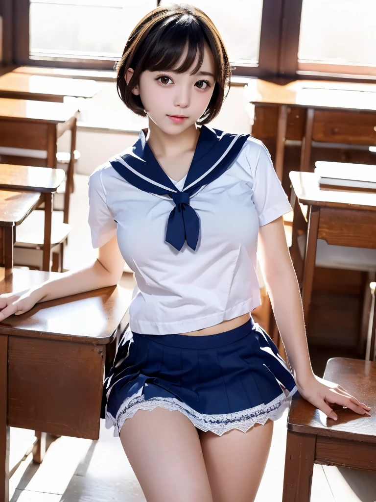 NSFW, (masterpiece:1.3), (8k, Realistic, RAW Photos, Best image quality: 1.4), Japanese, (1 girl), Beautiful Face, (Lively Faces), Beautiful hairstyle, Realistic eyes, Beautiful Eyes, (Realistic Skin),(short hair:1.3) ,Beautiful Skin, charm, Ultra-high resolution, Surreal, (Big Breasts)、Attention to detail, Detail Makeup,View your viewers,、School classroom、Shaved pubic hair、((Full body portrait)),(Japanese short sleeve school sailor uniform).Navy blue mini skirt, White lace panties