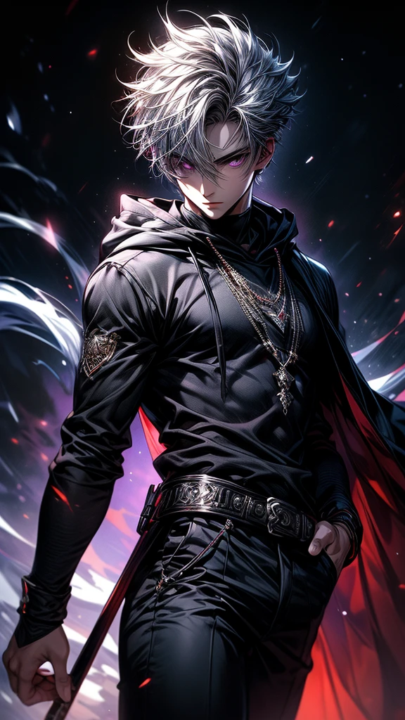 Masterpiece, best quality, high resolution, highly detailed, 1 young boy ( teenager ), young handsome face, white hair ( light in the hair), purple eyes ( glowing eyes ), cold expression ( cold look ), wearing a black hoodie, and black pants, black watch, surrounded by the splendors of the universe, pay attention to stunning details, and achieve a resolution of k, floating in a dynamic pose, high quality, with a majestic aura of authority.