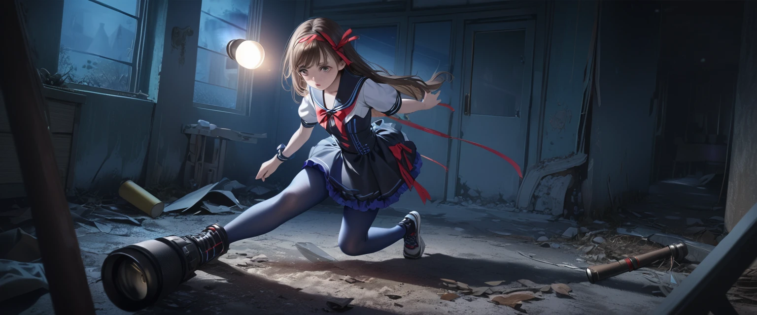 (Highest quality,4K,High resolution),Very detailed,Realistic, Japanese , Looks scared, Long brown hair,mysterious, Ecomodernism, Bokeh, Ribbon Headband,Small breasts,Futuristic Sailor Lolita Dress,Puff sleeves,White and blue,Colorful lighting, Red ribbon, Dark blue pantyhose,Sports boots, Have a flashlight, Walking alone through a haunted abandoned house, At night, Low Light, darkness, Very detailed, 4K. Blue tights, tumble, Fall down